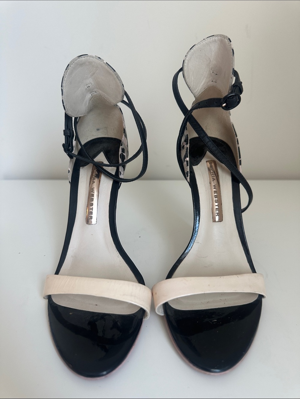 Sophia Webster Black and Cream Strappy Patent-Heel Sandals